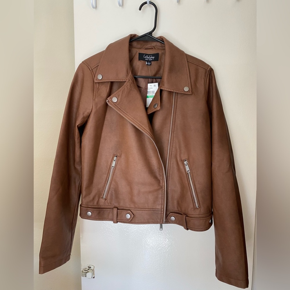 Brown faux leather long sleeve jacket from Macys
